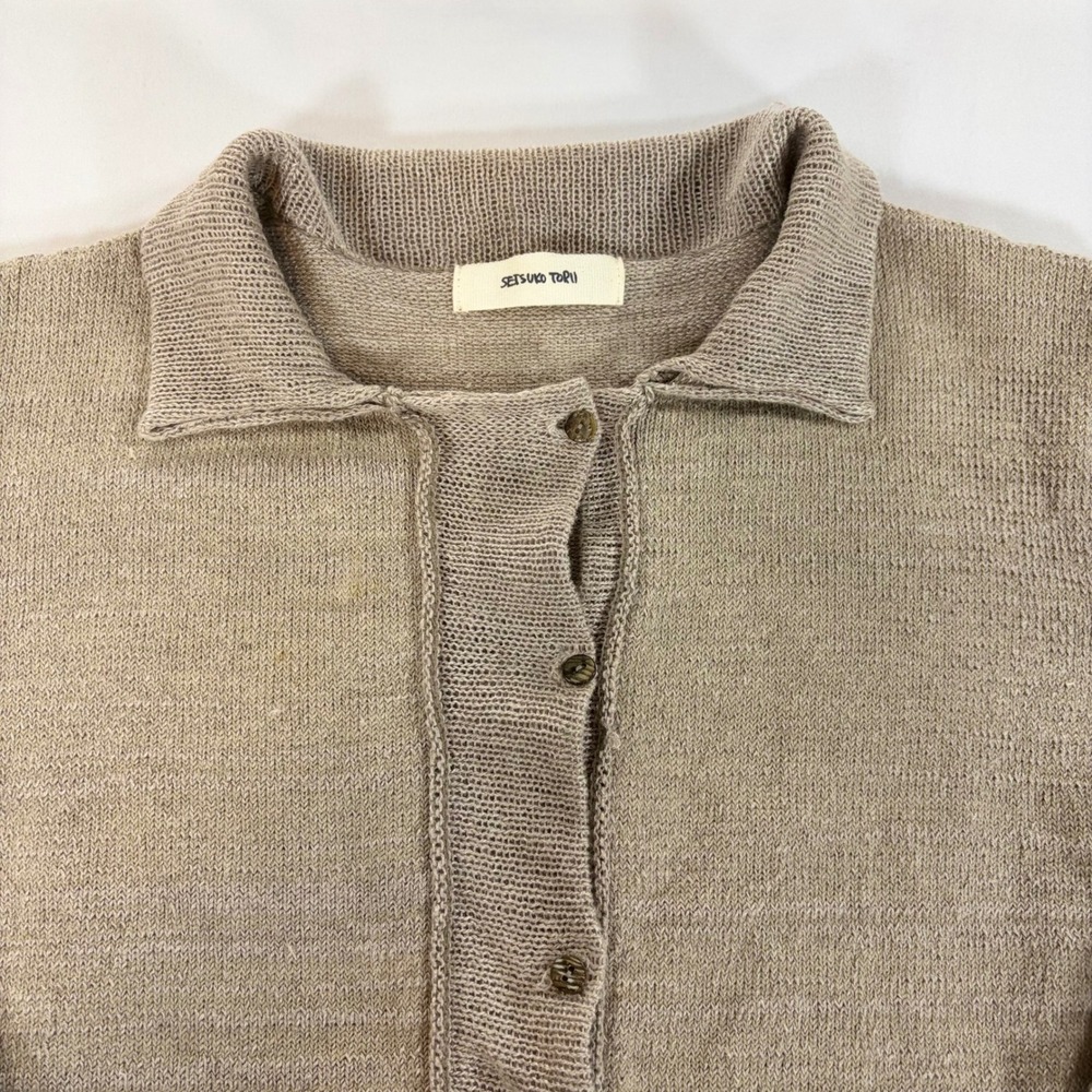 Setsuko Torii Japan 100% Linen Knit Cardigan Sweater Tan Beige Pocket Button - Picture 4 of 9
